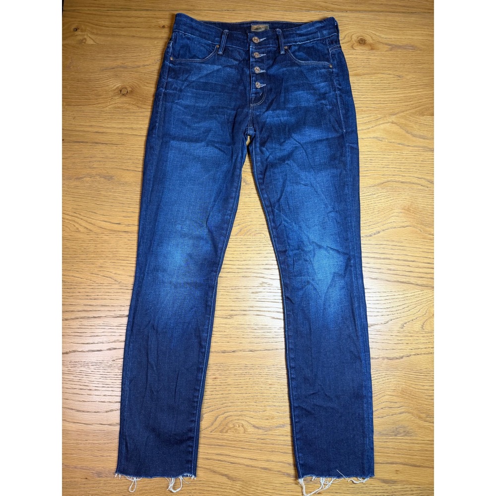 Mother The Pixie High Rise Skinny Jeans Dark Wash Button Fly Raw Hem Womens 27